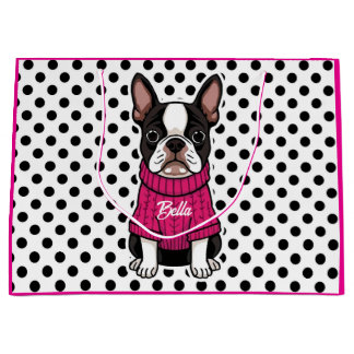 Cute Boston Terrier Dog Pink Sweater Personalized Large Gift Bag