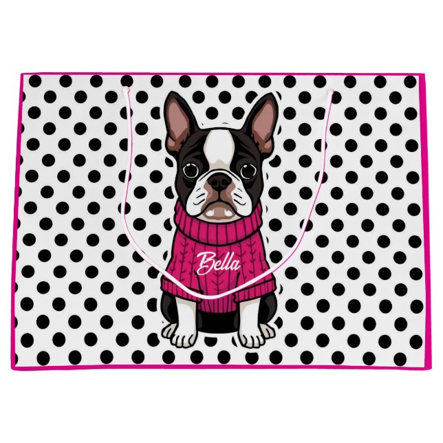 Cute Boston Terrier Dog Pink Sweater Personalized Large Gift Bag (Front)