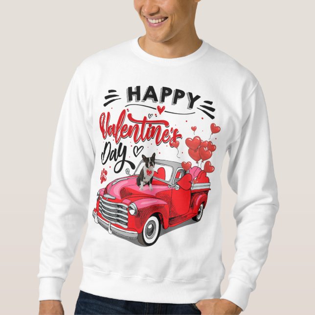 Cute Boston Terrier Dog Red Truck Happy Valentine' Sweatshirt (Front)