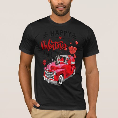 Cute Boston Terrier Dog Red Truck Happy Valentines T_Shirt
