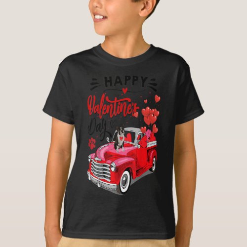 Cute Boston Terrier Dog Red Truck Happy Valentines T_Shirt