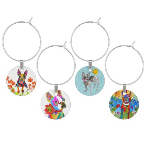 Cute Boston Terrier Dogs Wine Charms Set of Four