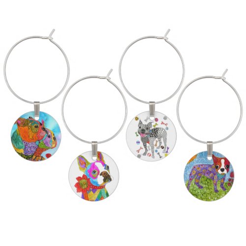 Cute Boston Terrier Dogs Wine Charms Set of Four