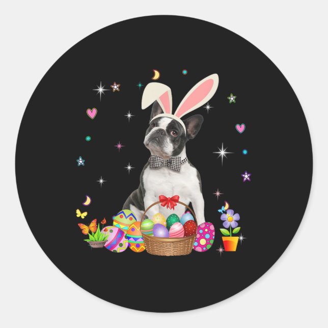 Cute Boston Terrier Easter Day Bunny Eggs Easter  Classic Round Sticker (Front)