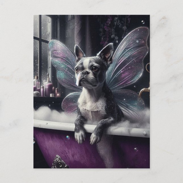 Cute Boston Terrier Fairy  in a Purple Bathtub Postcard (Front)