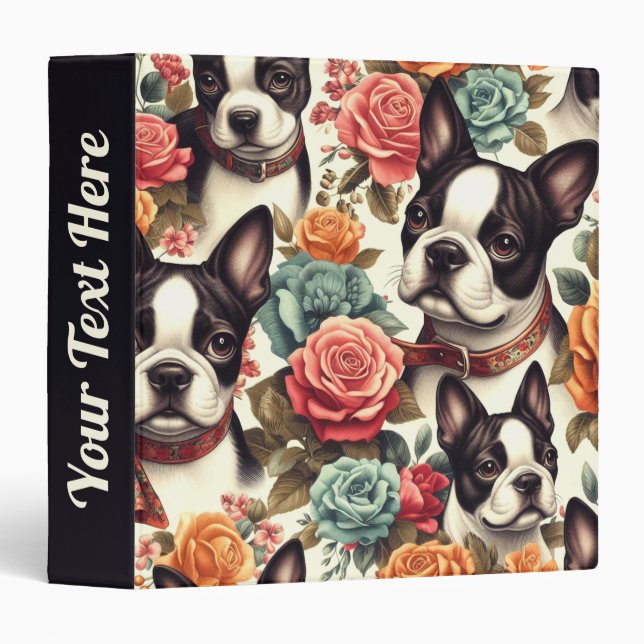 Cute Boston Terrier Illustration 3 Ring Binder (Front/Spine)