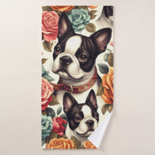Cute Boston Terrier Illustration Bath Towel