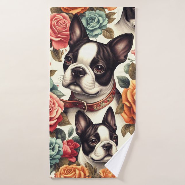 Cute Boston Terrier Illustration Bath Towel (Bath Towel)