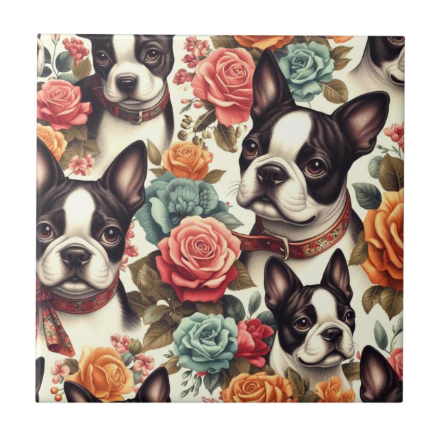 Cute Boston Terrier Illustration Ceramic Tile (Front)