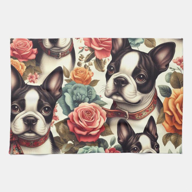 Cute Boston Terrier Illustration Kitchen Towel (Horizontal)