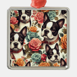 Cute Boston Terrier Illustration Metal Ornament