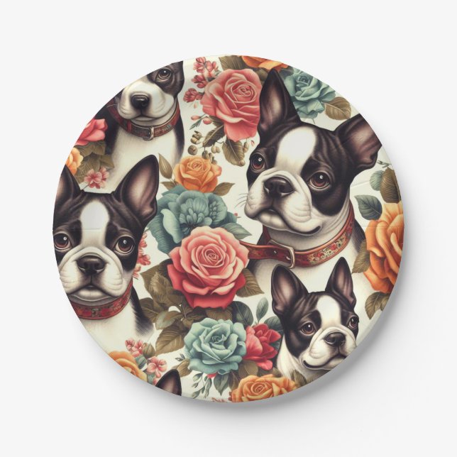 Cute Boston Terrier Illustration Paper Plates (Front)