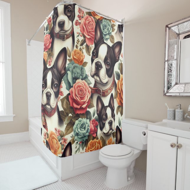 Cute Boston Terrier Illustration Shower Curtain (In Situ)