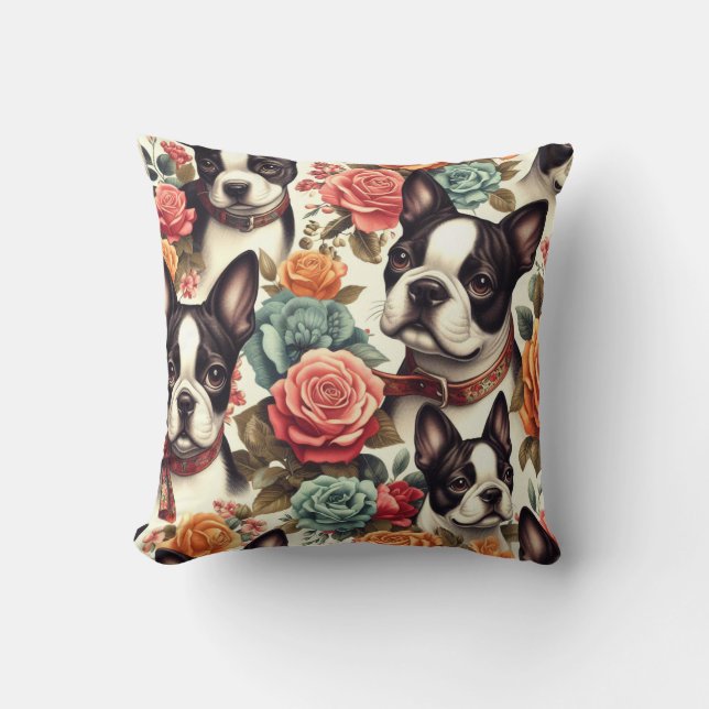 Cute Boston Terrier Illustration Throw Pillow (Front)