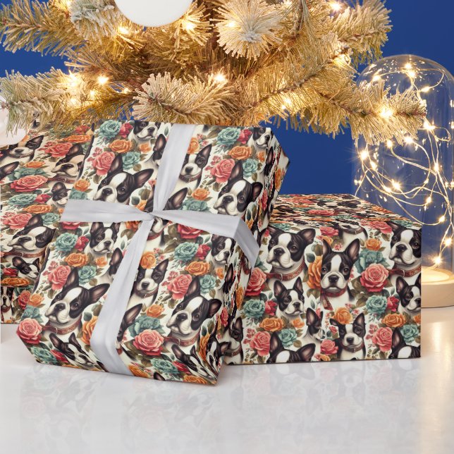 Cute Boston Terrier Illustration Wrapping Paper (Holidays)