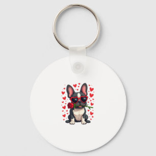 Cute Boston Terrier in Glasses Rose Valentine's Da Keychain