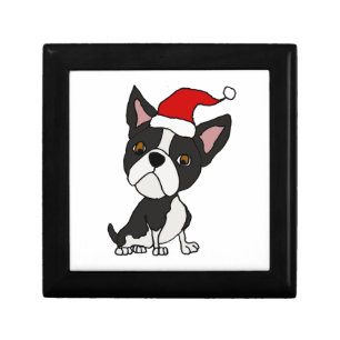 Cute Boston Terrier in Santa Hat Christmas Cartoon Gift Box