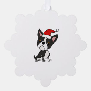 Cute Boston Terrier in Santa Hat Christmas Cartoon Ornament Card