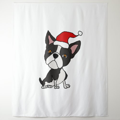 Cute Boston Terrier in Santa Hat Christmas Cartoon Tapestry