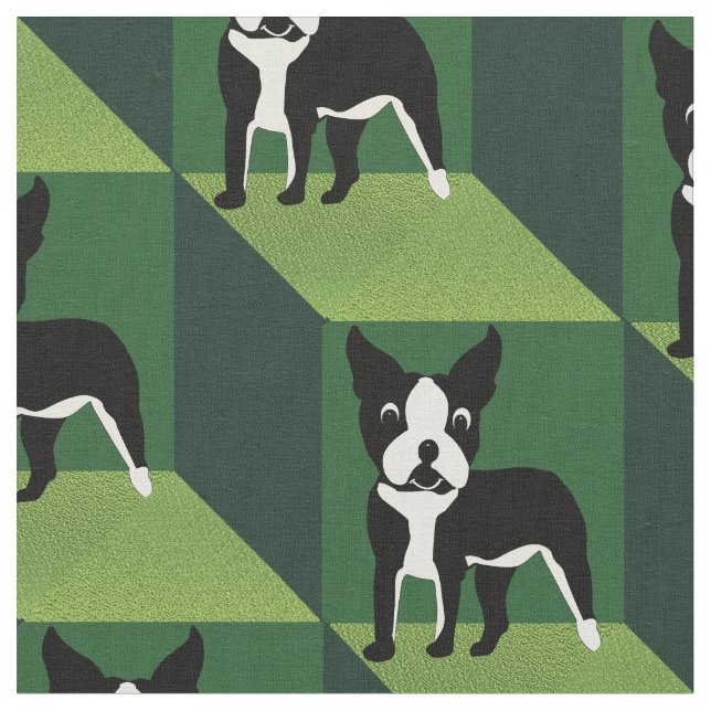 Cute Boston Terrier on Green Cubes Fabric (Close Up)