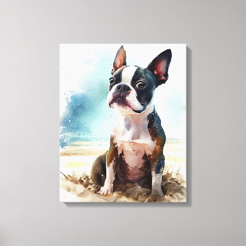 Cute Boston Terrier On The Beach Canvas Print