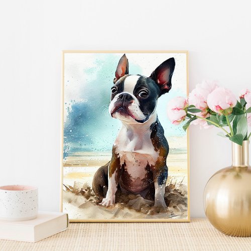 Cute Boston Terrier On The Beach Wall Art Print