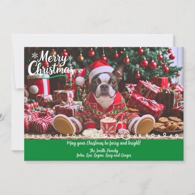 Cute Boston Terrier Pajamas Personalized Christmas Holiday Card (Front)