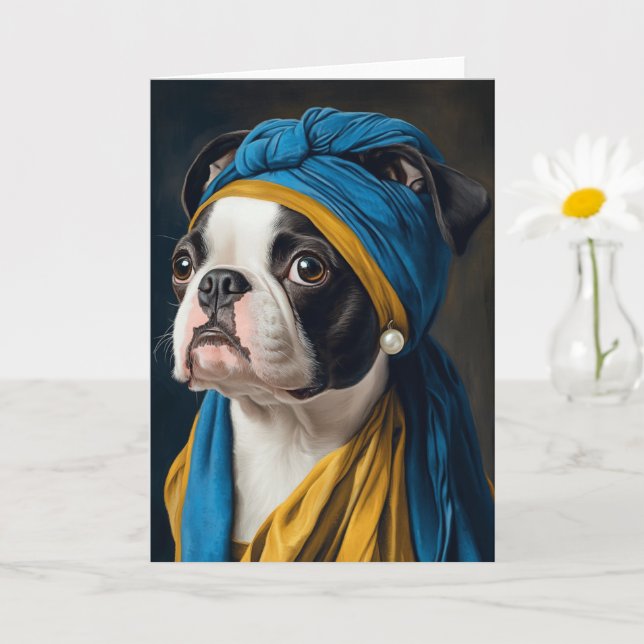 Cute Boston Terrier Pearl Earring All Occasions  Card (Small Plant)