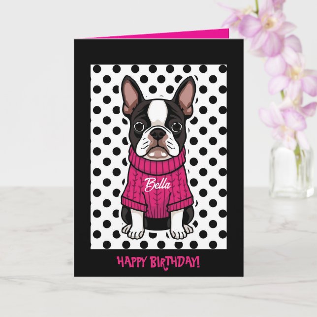 Cute Boston Terrier Personalized Folded Birthday Card (Orchid)