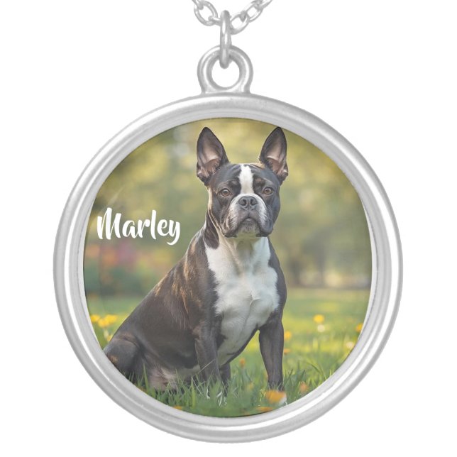 Cute Boston Terrier Personalized Silver Plated Necklace (Front)