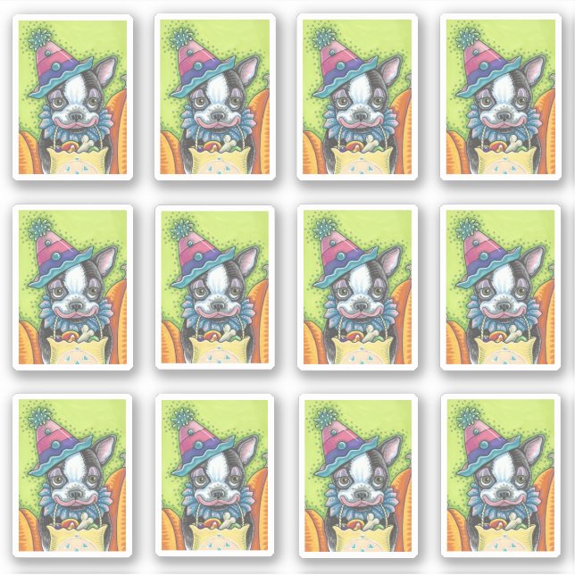 CUTE BOSTON TERRIER PUP IN HALLOWEEN CLOWN COSTUME STICKER (Front)