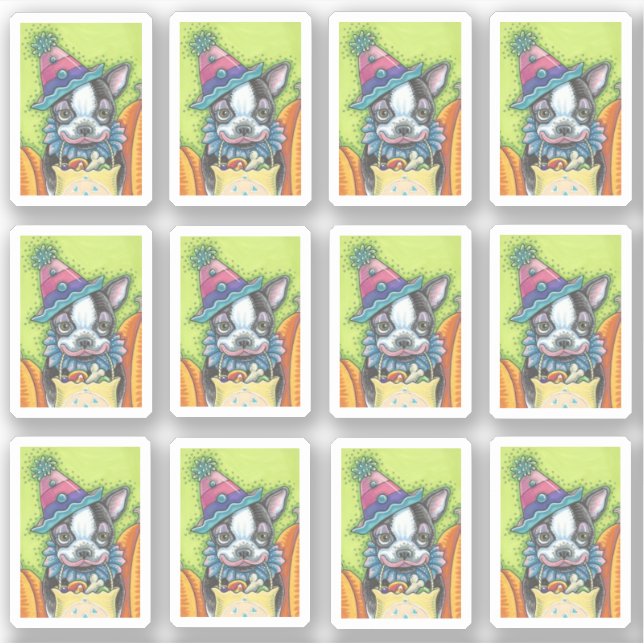 CUTE BOSTON TERRIER PUP IN HALLOWEEN CLOWN COSTUME STICKER (Front)