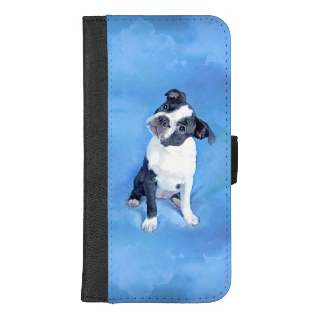 Cute Boston Terrier Puppy Painting iPhone Wallet Case (Front)