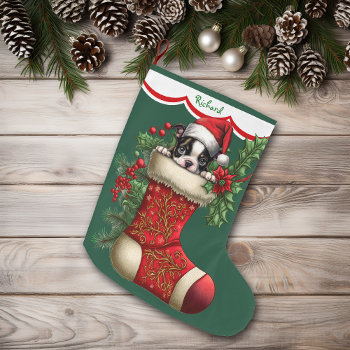 Cute Boston Terrier Puppy Peeking Large Christmas Stocking by DogVillage at Zazzle