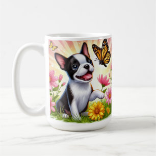 Cute Boston Terrier Puppy Playing With Butterfly Coffee Mug