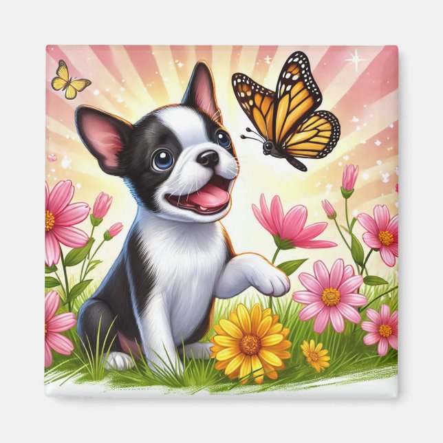 Cute Boston Terrier Puppy Playing With Butterfly  Magnet (Front)