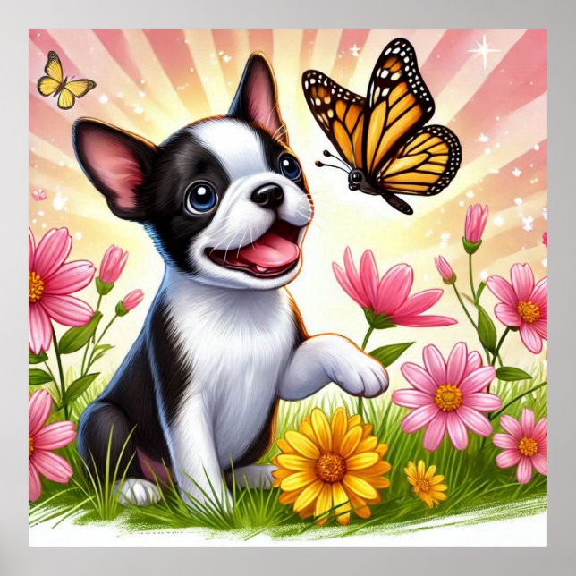 Cute Boston Terrier Puppy Playing With Butterfly  Poster (Front)