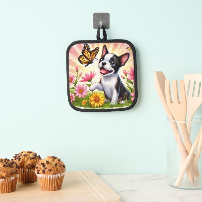 Cute Boston Terrier Puppy Playing With Butterfly  Pot Holder (Insitu(Hanging))