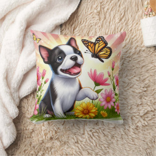Cute Boston Terrier Puppy Playing With Butterfly Throw Pillow