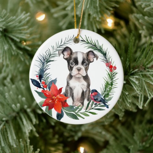 Cute Boston Terrier Puppy Watercolor Poinsettia Ceramic Ornament