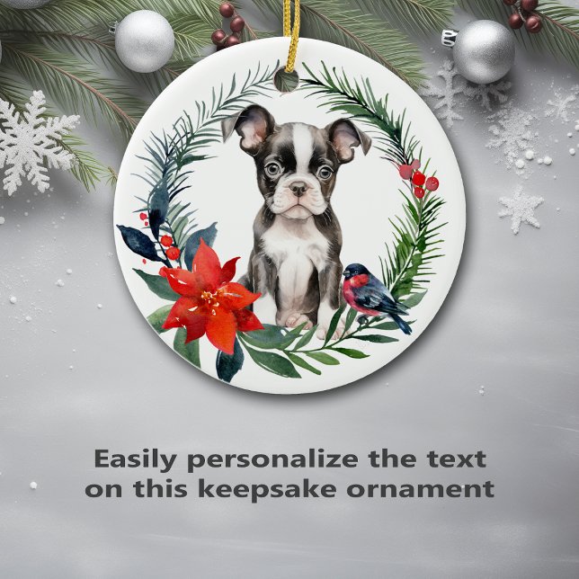 Cute Boston Terrier Puppy Watercolor Poinsettia Ceramic Ornament (Creator Uploaded)