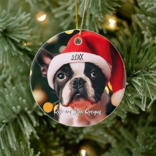 Cute Boston Terrier Puppy with Santa Hat Ceramic Ornament