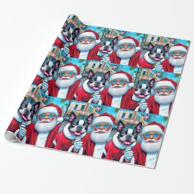 Cute Boston Terrier Santa Clause Christmas Design Wrapping Paper
