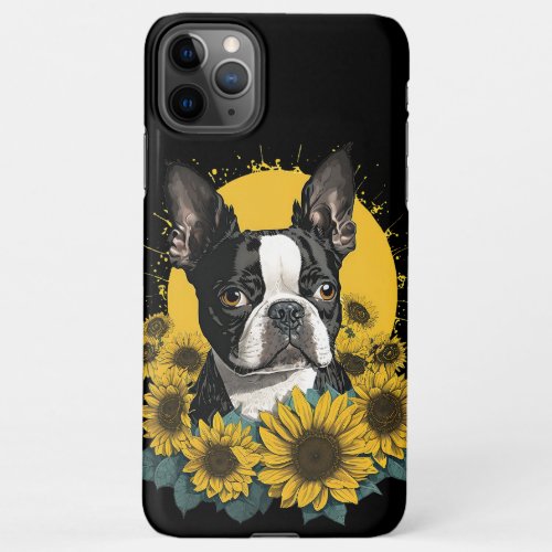 Cute Boston Terrier Sunflower Lover Drawing Art Th iPhone 11Pro Max Case