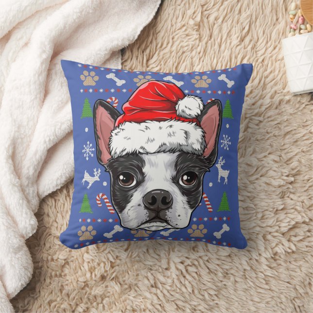 Cute Boston Terrier Ugly Christmas Sweater Santa Throw Pillow (Blanket)