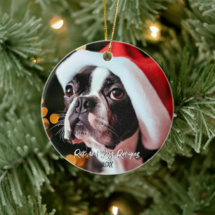 Cute Boston Terrier with Oversized Santa Hat Ceramic Ornament