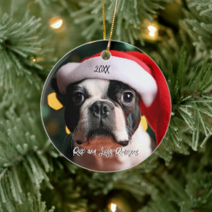 Cute Boston Terrier with Santa Hat Christmas Ceramic Ornament