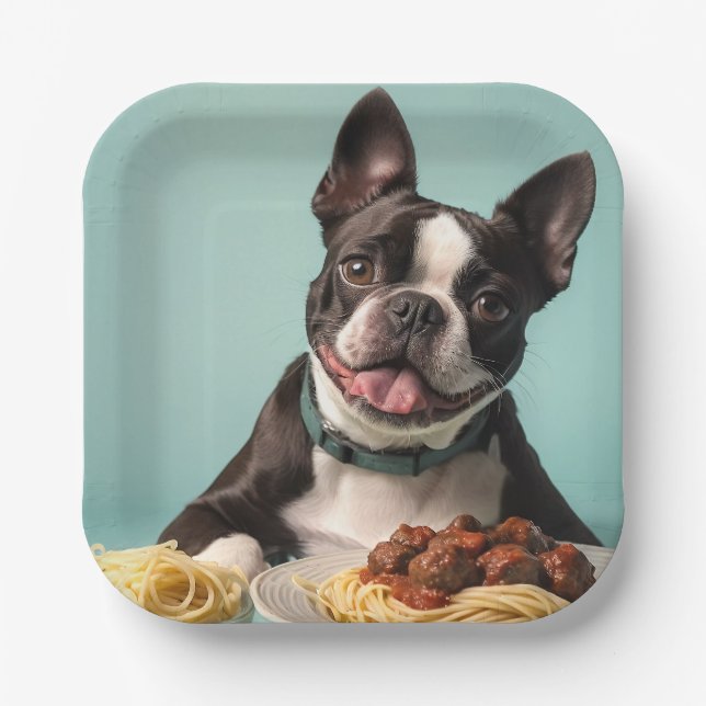 Cute Boston Terrier With Spaghetti Bolognaise  Paper Plates (Front)