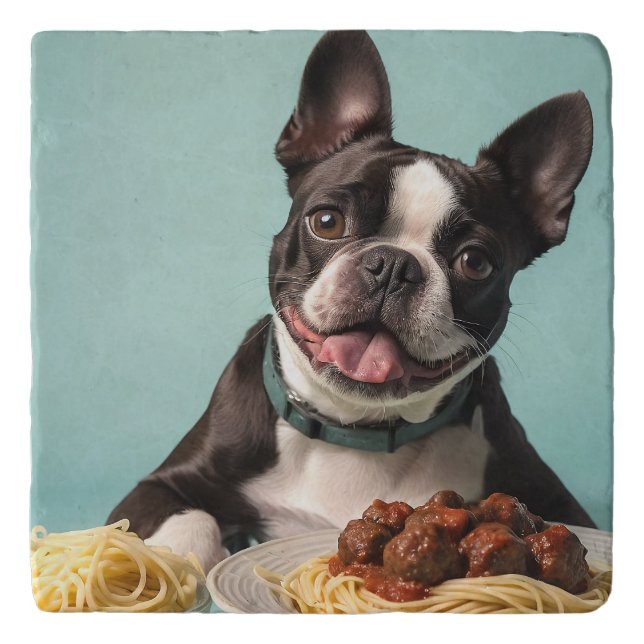 Cute Boston Terrier With Spaghetti Bolognaise  Trivet (Front)