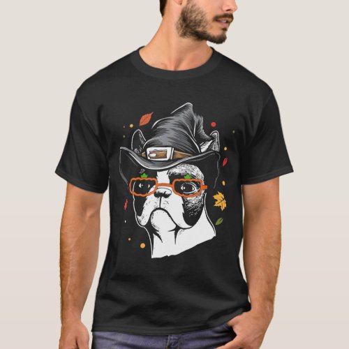 Cute Boston Terrier With Witch Hat Halloween Costu T_Shirt